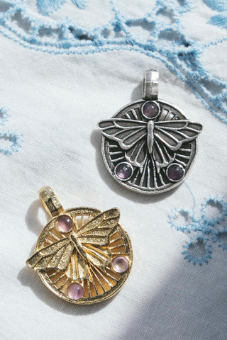 vintage silver and 14kt gold amethyst gemstone butterfly pendants	