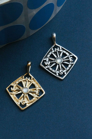 14kt gold vintage silver mother of pearl stone compass pendants	