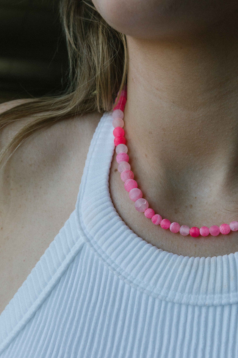 ONE AND DONE STAINLESS STEEL HOT PINK ROUND BEADED NECKLACE WITH CUFF KEEPER