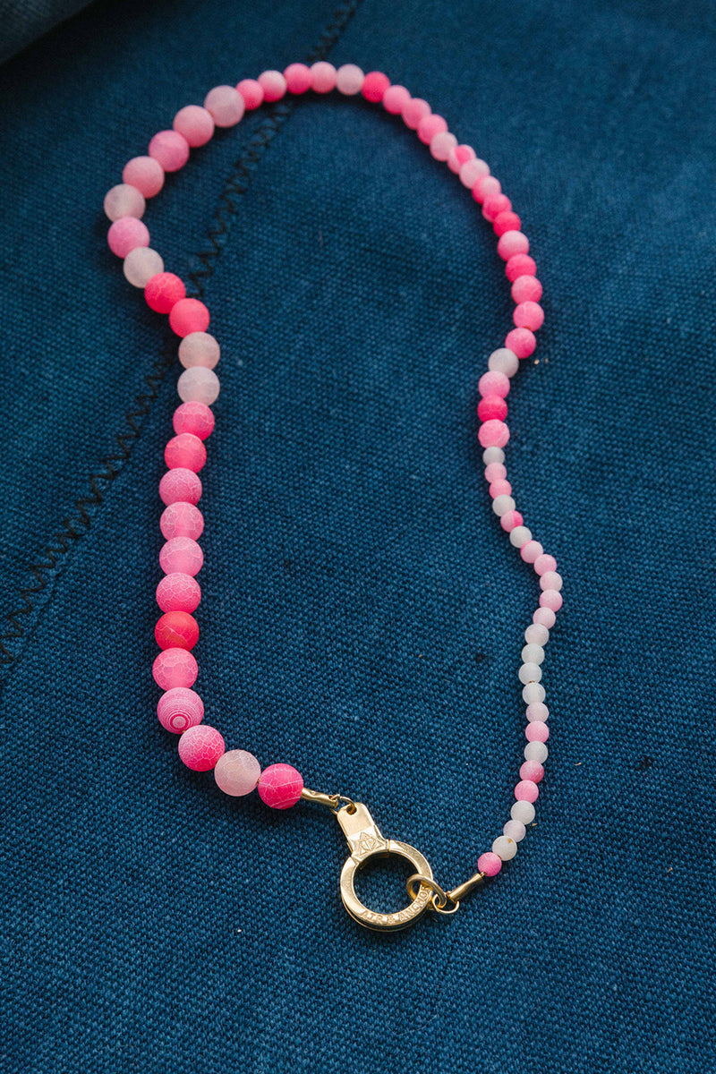 ONE AND DONE STAINLESS STEEL HOT PINK ROUND BEADED NECKLACE WITH CUFF KEEPER