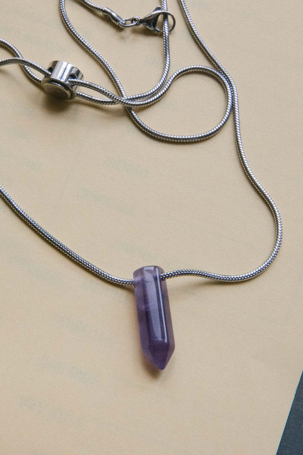 Stainless Steel Serenity Now Amethyst Gemstone Point Adjustable Necklace