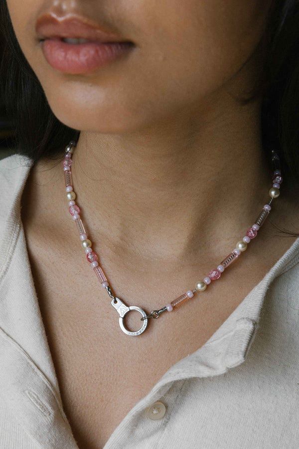 ONE AND DONE STAINLESS SWEET PINK AND PEARL NECKLACE WITH CUFF KEEPER