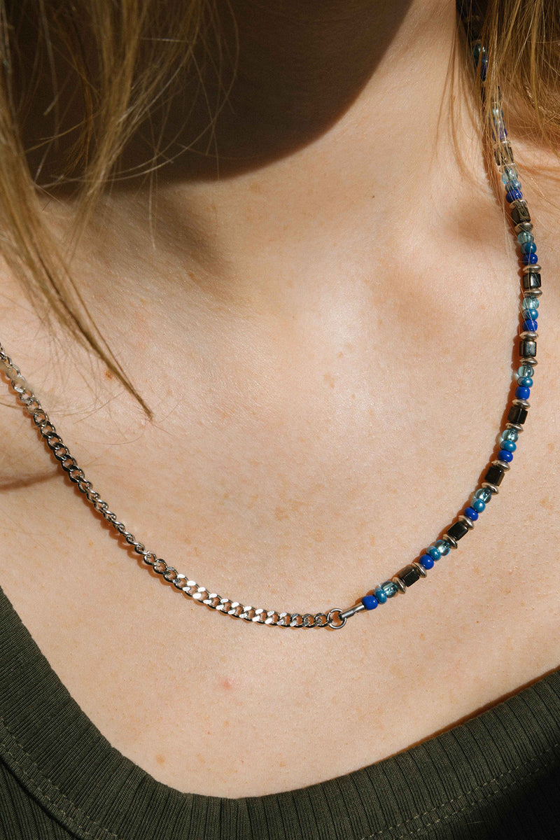 ONE AND DONE STAINLESS BLUE MULTI AND HALF CHAIN NECKLACE WITH LOBSTER CLAW
