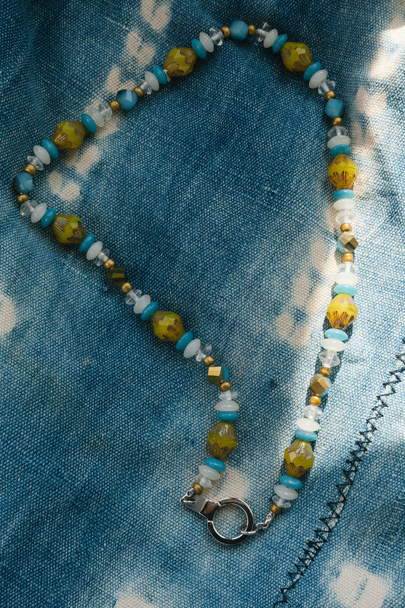 ONE AND DONE STAINLESS MUSTARD AND TURQUOISE BEADED AND CHAIN NECKLACE WITH CUFF KEEPER