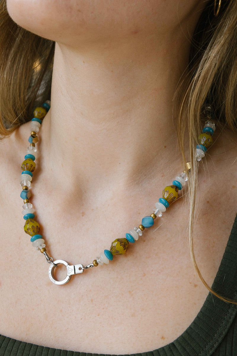 ONE AND DONE STAINLESS MUSTARD AND TURQUOISE BEADED AND CHAIN NECKLACE WITH CUFF KEEPER