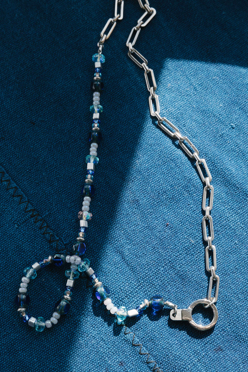 ONE AND DONE STAINLESS COOL BLUES BEADED AND HALF CHAIN NECKLACE WITH CUFF KEEPER