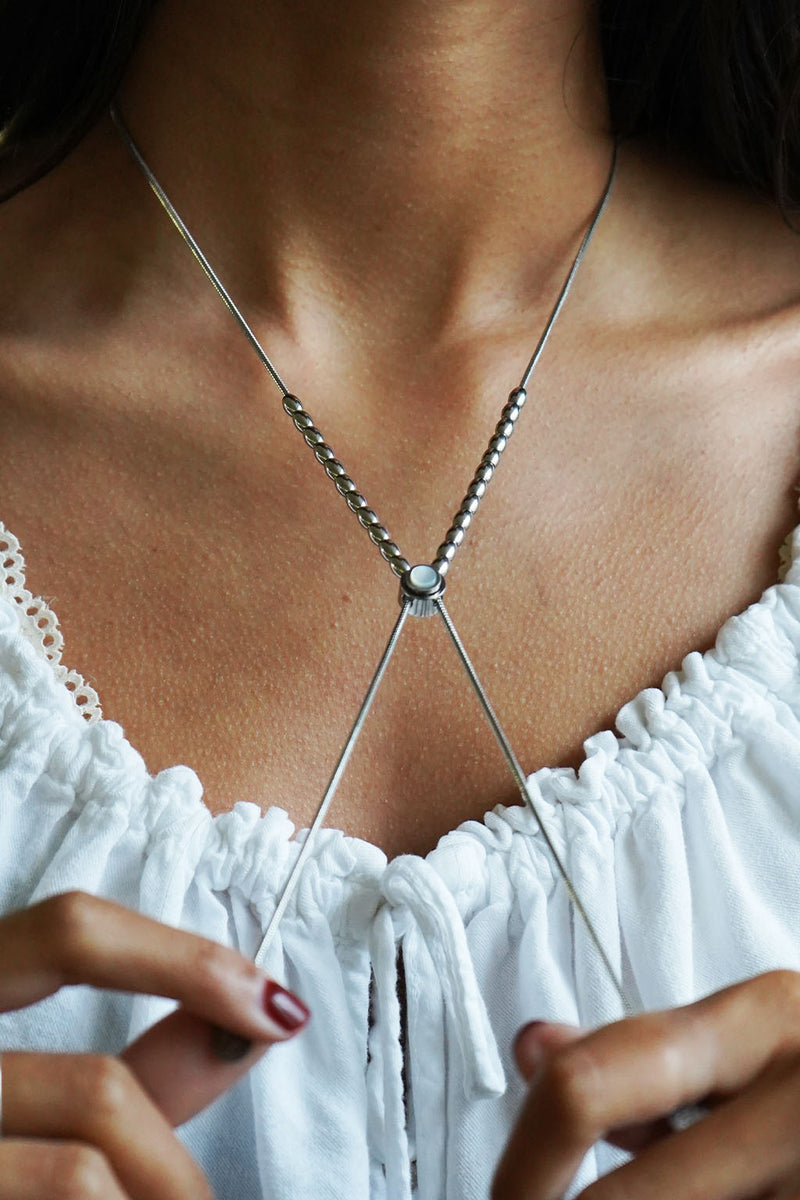 all strung up adjustable necklace with mother of pearl