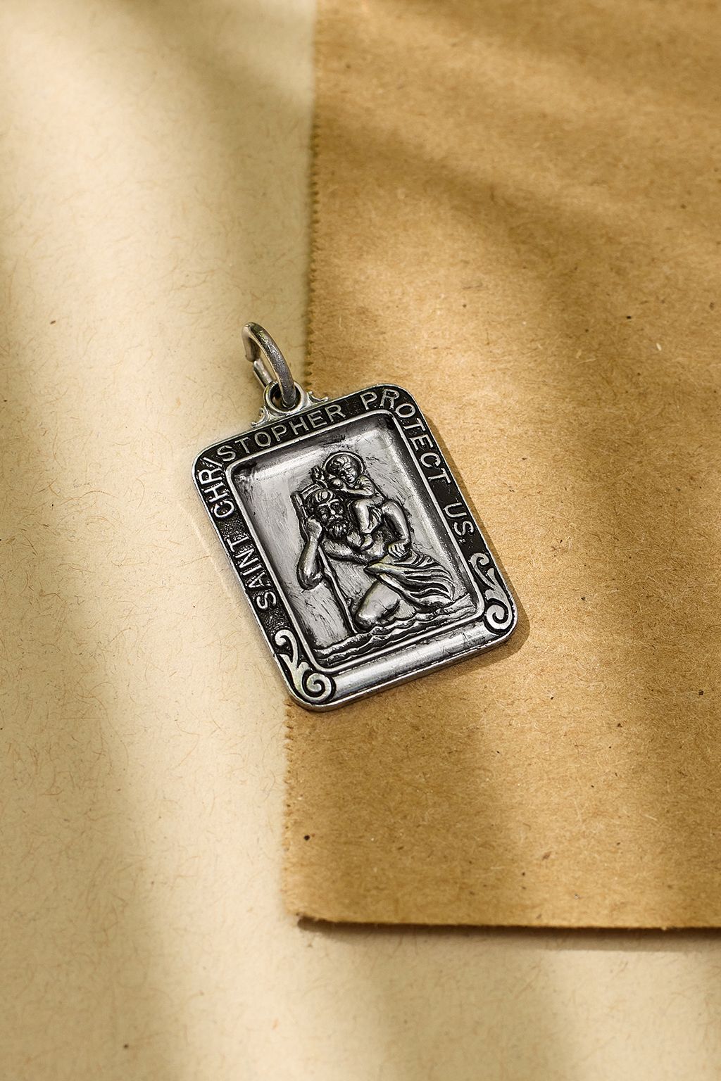 Solid 925 Sterling Silver St. Christopher Anchor Medal Pendant - Vintage Antiqued Brushed Finish, 33mm X 20mm