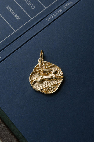14kt gold handstamped hare pendant